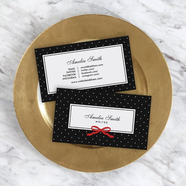 Black & White Polka Dot Red Ribbon Social Media Business Card (Creator Uploaded)