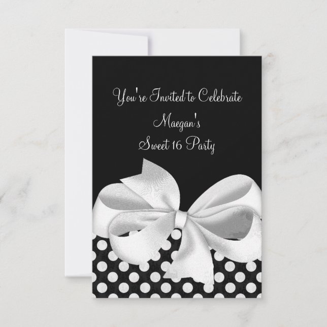 Black White Polka Dot Ribbon Sweet 16 Invitation (Front)