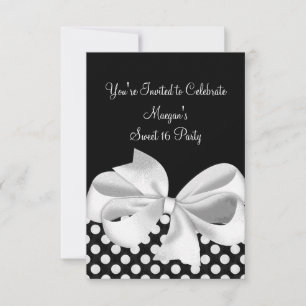 Black White Polka Dot Ribbon Sweet 16 Invitation