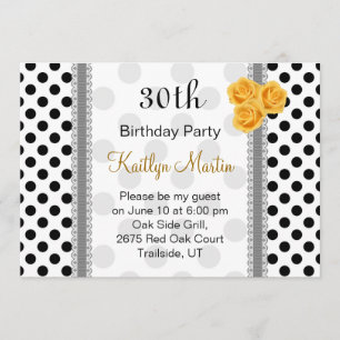 Black white polka dot rose Birthday Party Invitation