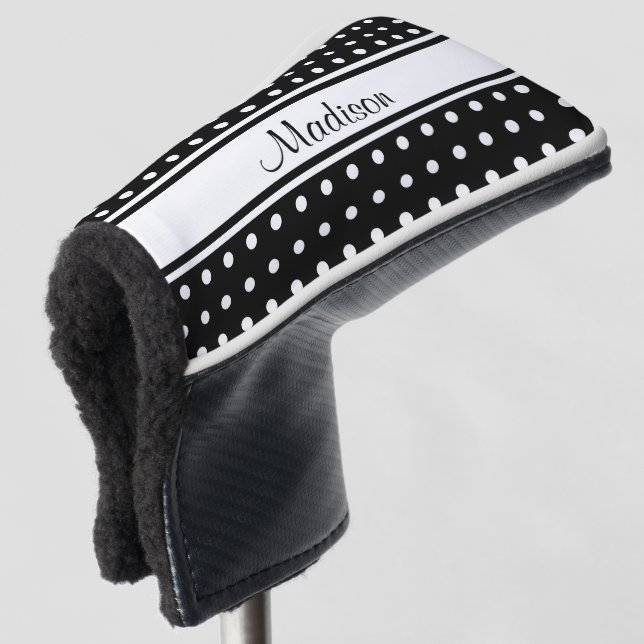 Black White Polka Dot Stripe Script Name Golf Head Cover (3/4 Front)