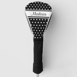 Black White Polka Dot Stripe Script Name Golf Head Cover