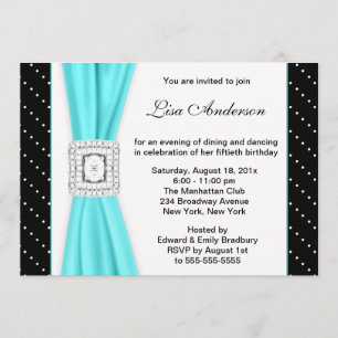 Black White Polka Dot Teal Diamond 50th Birthday Invitation