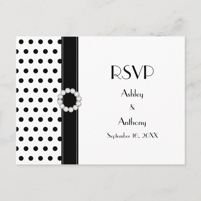 Black White Polka Dot Wedding RSVP Postcard (Front)