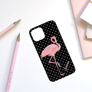 Black & White Polka Dot with Flamingo iPhone 13 Mini Case