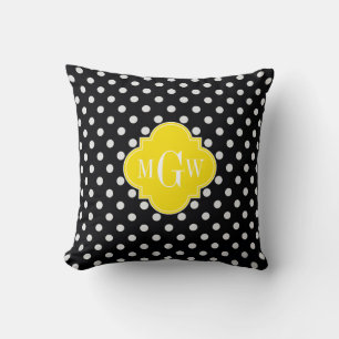 Black White Polka Dot Yellow Quatrefoil 3 Monogram Cushion