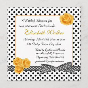 Black white polka dot yellow rose Bridal Shower Invitation