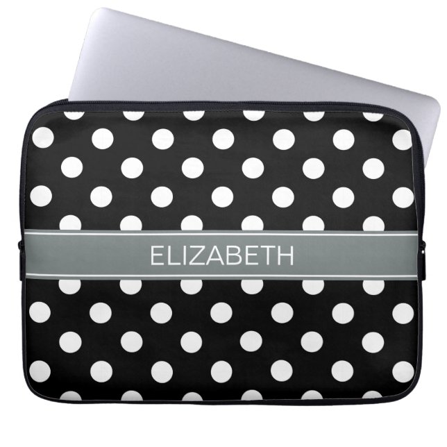 Black White Polka Dots #2 Charcoal Name Monogram Laptop Sleeve (Front)