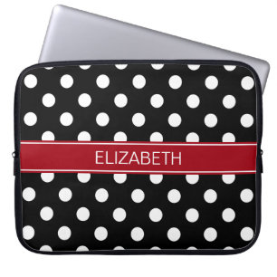 Black White Polka Dots #2 Cranberry Name Monogram Laptop Sleeve