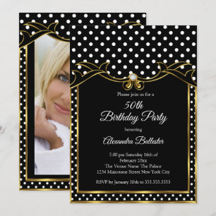 Black White Polka Dots Birthday Party Photo Invitation
