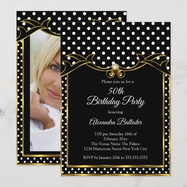 Black White Polka Dots Birthday Party Photo Invitation (Front/Back)