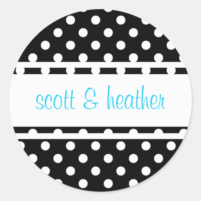 Black & White Polka Dots - Blue Classic Round Sticker (Front)