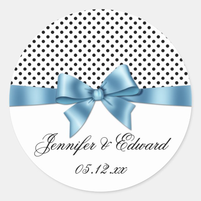 Black White Polka Dots Blue Ribbon Save The Date Classic Round Sticker (Front)