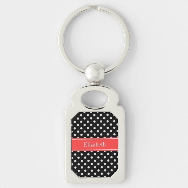Black White Polka Dots Coral Red Name Monogram Key Ring (Front)