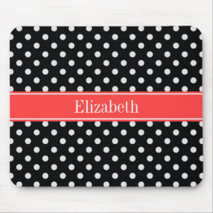 Black White Polka Dots Coral Red Name Monogram Mouse Mat