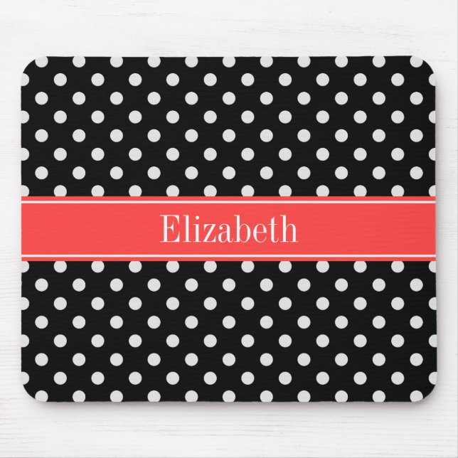 Black White Polka Dots Coral Red Name Monogram Mouse Mat (Front)