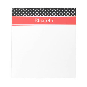Black White Polka Dots Coral Red Name Monogram Notepad