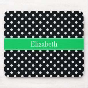 Black White Polka Dots Emerald Name Monogram Mouse Mat