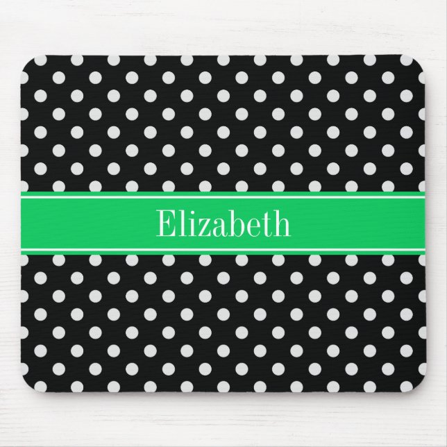 Black White Polka Dots Emerald Name Monogram Mouse Mat (Front)