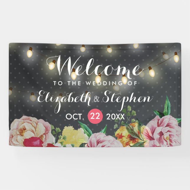 Black White Polka Dots Floral String Light Wedding Banner (Horizontal)