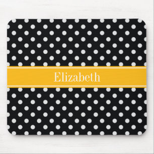 Black White Polka Dots Goldenrod Name Monogram Mouse Mat