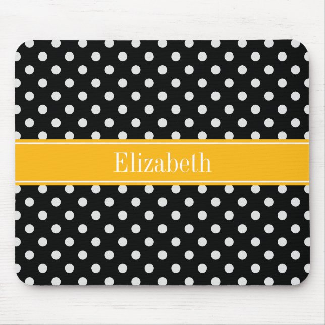 Black White Polka Dots Goldenrod Name Monogram Mouse Mat (Front)