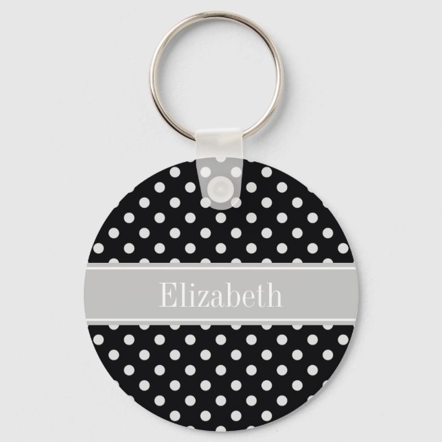 Black White Polka Dots Gray Name Monogram Key Ring (Front)