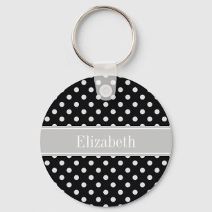 Black White Polka Dots Grey Name Monogram Key Ring