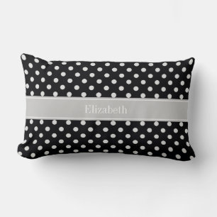 Black White Polka Dots Grey Name Monogram Lumbar Cushion