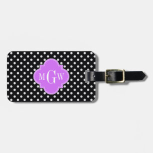 Black White Polka Dots Lilac Quatrefoil 3 Monogram Luggage Tag