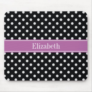 Black White Polka Dots Orchid Purple Name Monogram Mouse Mat