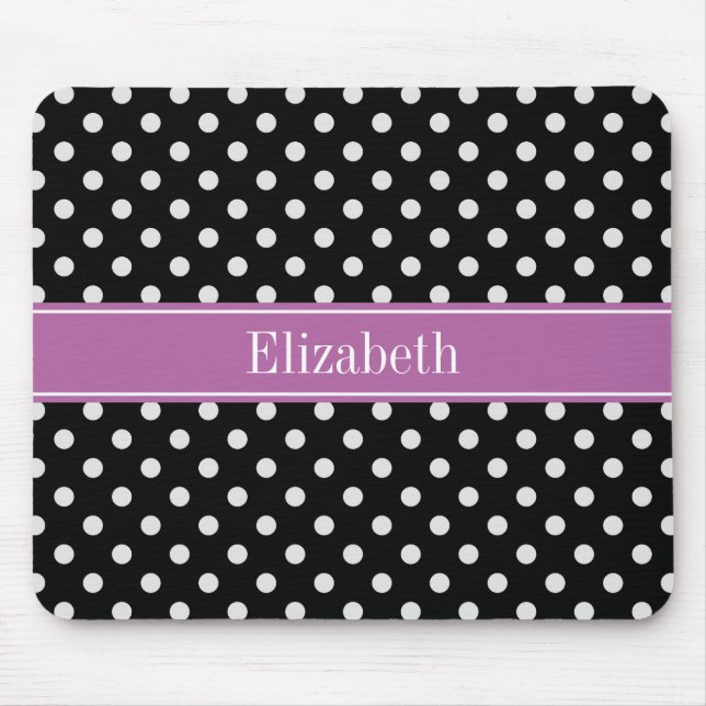 Black White Polka Dots Orchid Purple Name Monogram Mouse Mat (Front)