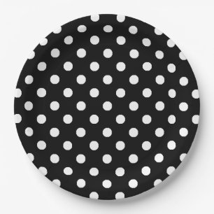 Black White Polka Dots Pattern Paper Plate