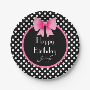 Black & White Polka Dots Pattern Pink Bow Birthday Paper Plate
