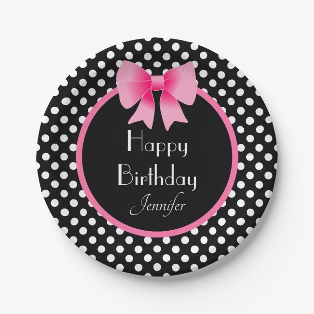 Black & White Polka Dots Pattern Pink Bow Birthday Paper Plate (Front)