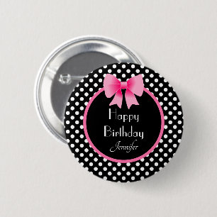 Black & White Polka Dots Pattern Pink Bow Name 6 Cm Round Badge