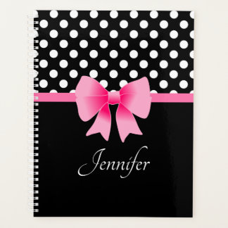 Black & White Polka Dots Pattern Pink Bow Name Planner