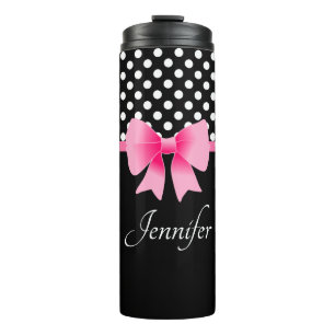 Black & White Polka Dots Pattern Pink Bow Name Thermal Tumbler