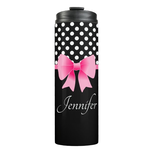 Black & White Polka Dots Pattern Pink Bow Name Thermal Tumbler (Front)
