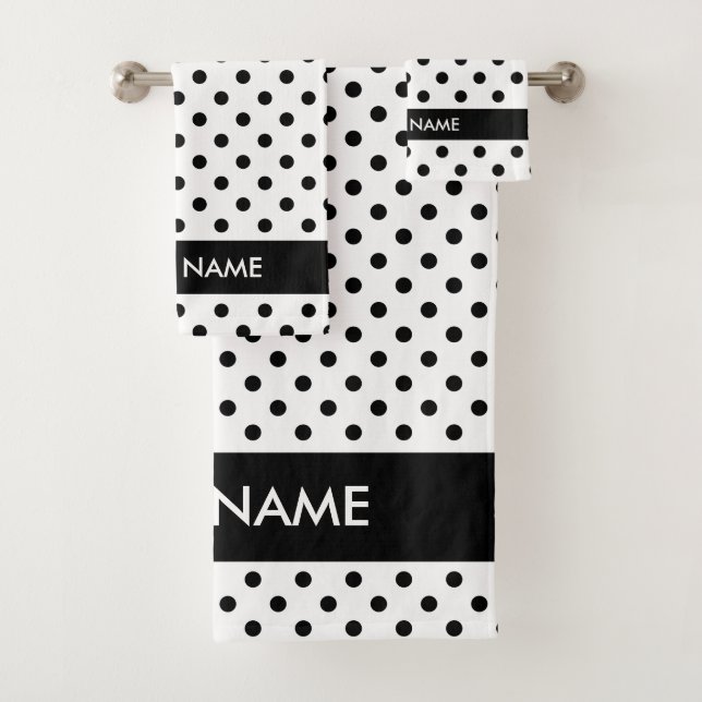 Black white polka dots personalised bath towel set (Insitu)