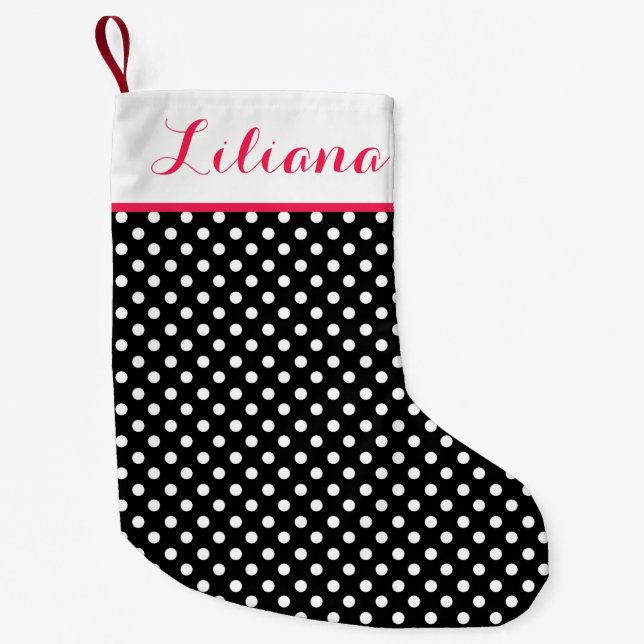 Black White Polka Dots Personalised Small Christmas Stocking (Front)