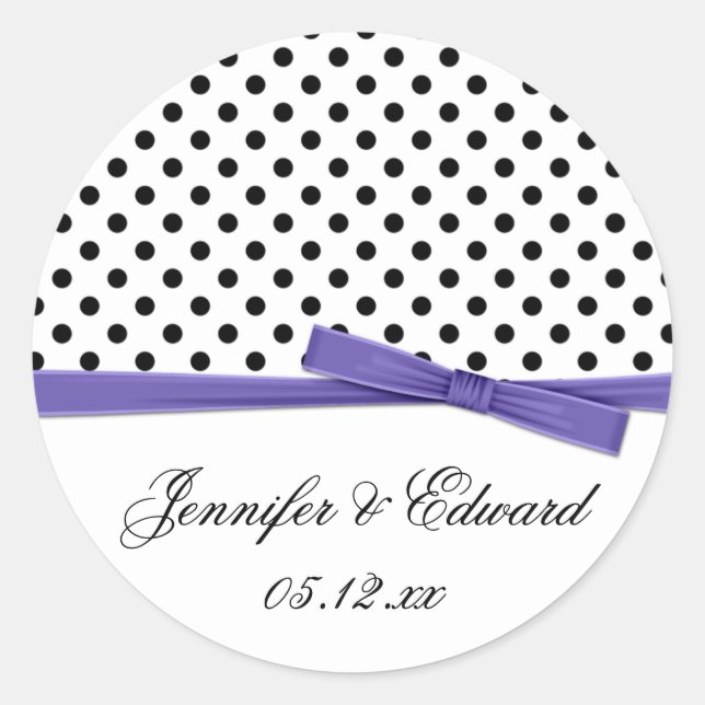Black White Polka Dots Purple Save The Date Classic Round Sticker (Front)