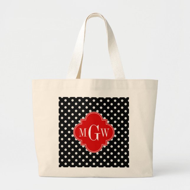 Black White Polka Dots Red Quatrefoil 3 Monogram Large Tote Bag (Front)