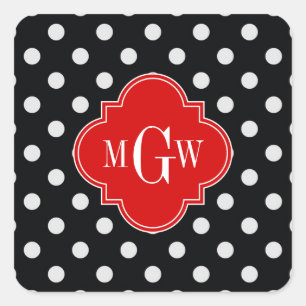 Black White Polka Dots Red Quatrefoil 3 Monogram Square Sticker
