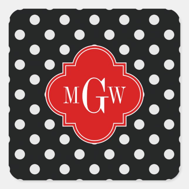 Black White Polka Dots Red Quatrefoil 3 Monogram Square Sticker (Front)