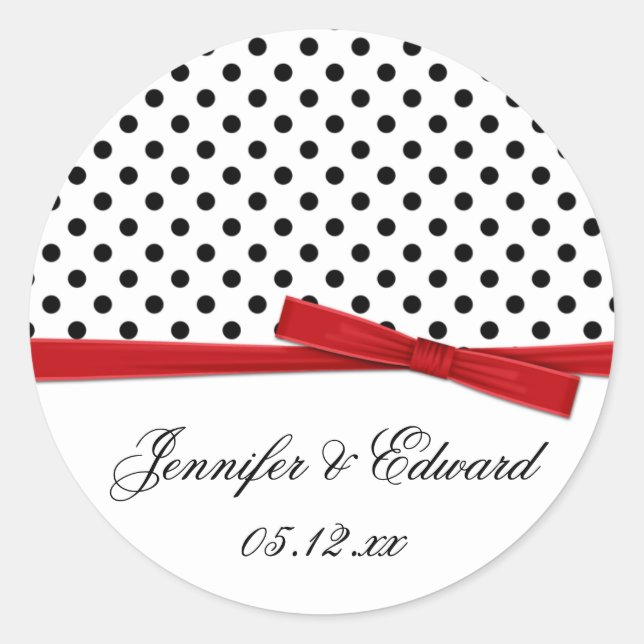 Black White Polka Dots Red Save The Date Classic Round Sticker (Front)