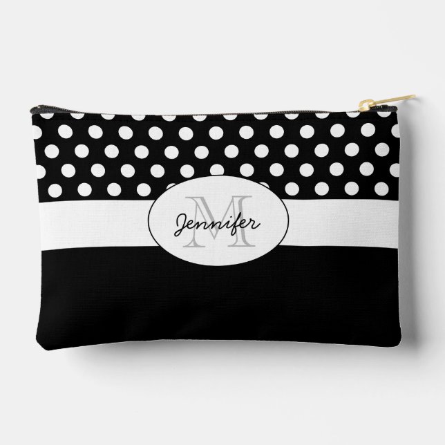 Black White polka dots retro pattern Monogram Accessory Pouch (Back)