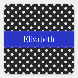 Black White Polka Dots Royal Blue Name Monogram Square Sticker