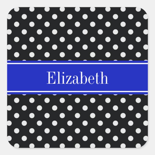 Black White Polka Dots Royal Blue Name Monogram Square Sticker (Front)