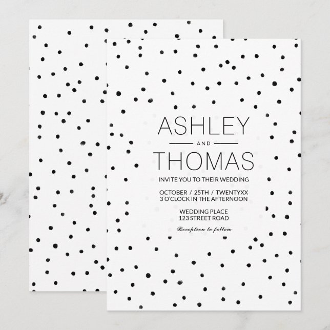 Black white polka dots simple chic wedding invitation (Front/Back)